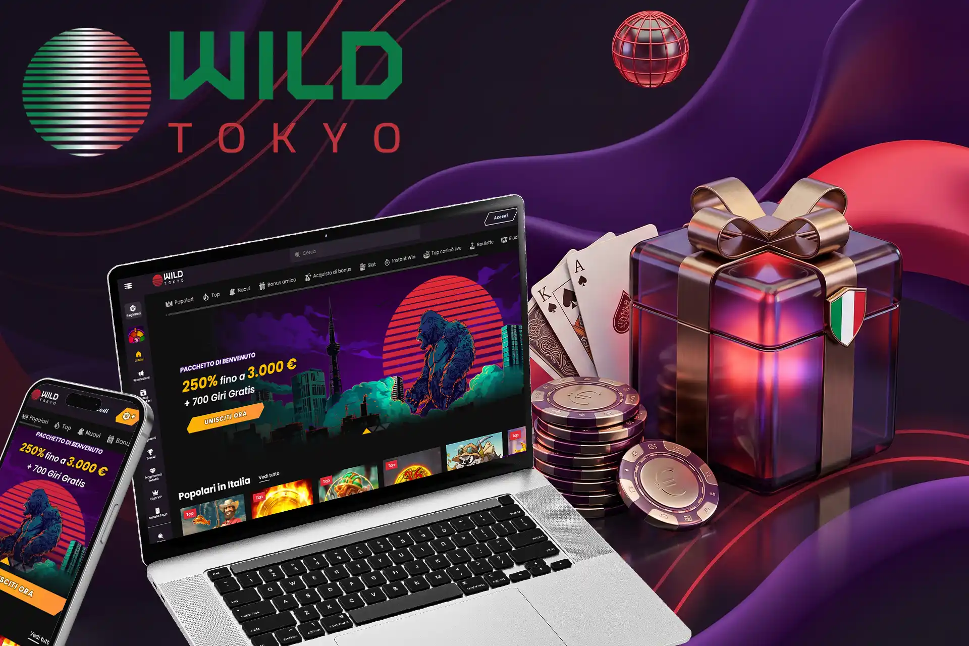 Panoramica della piattaforma del casinò online Wild Tokyo in Italia, che mostra il pacchetto di benvenuto su laptop e smartphone accanto a un pacco regalo e carte da gioco